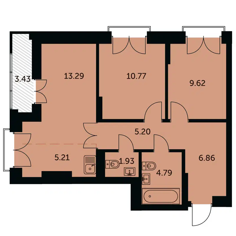 3-комнатная квартира 59.3 м² Академия
