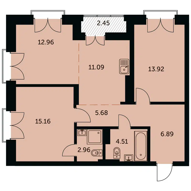 3-комнатная квартира 74.4 м² Академия