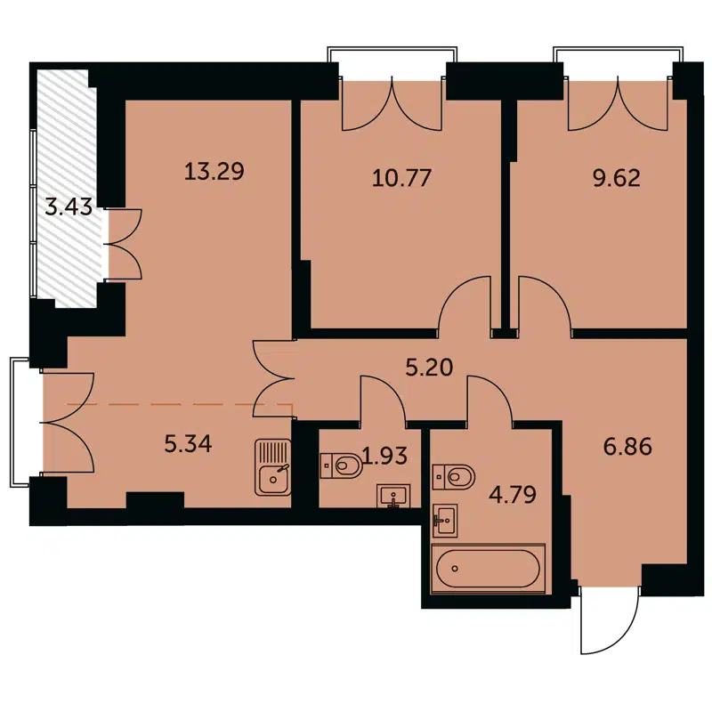 3-комнатная квартира 59.52 м² Академия