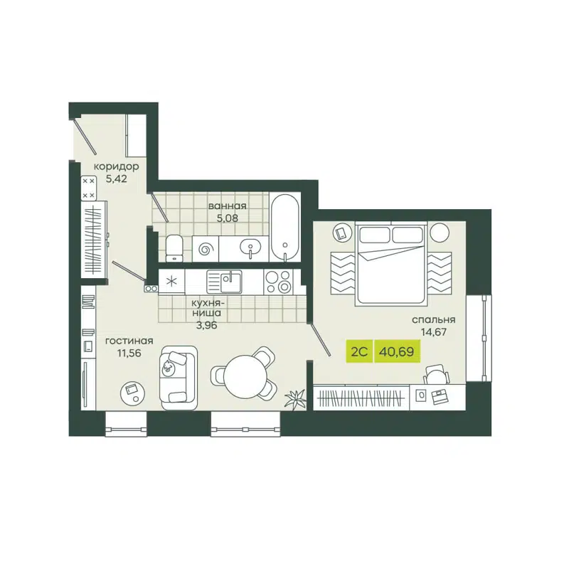 2-комнатная квартира 40.69 м² Белкин