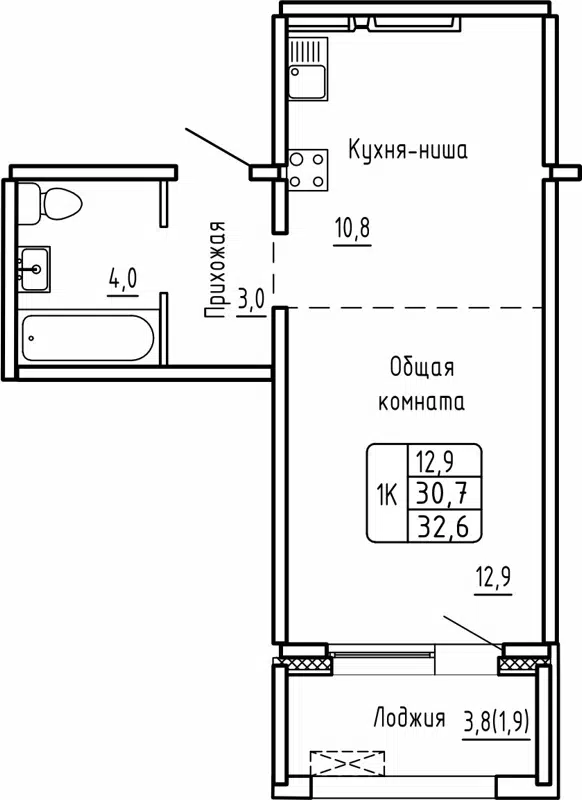 1-комнатная квартира 32.6 м² Самоцветы