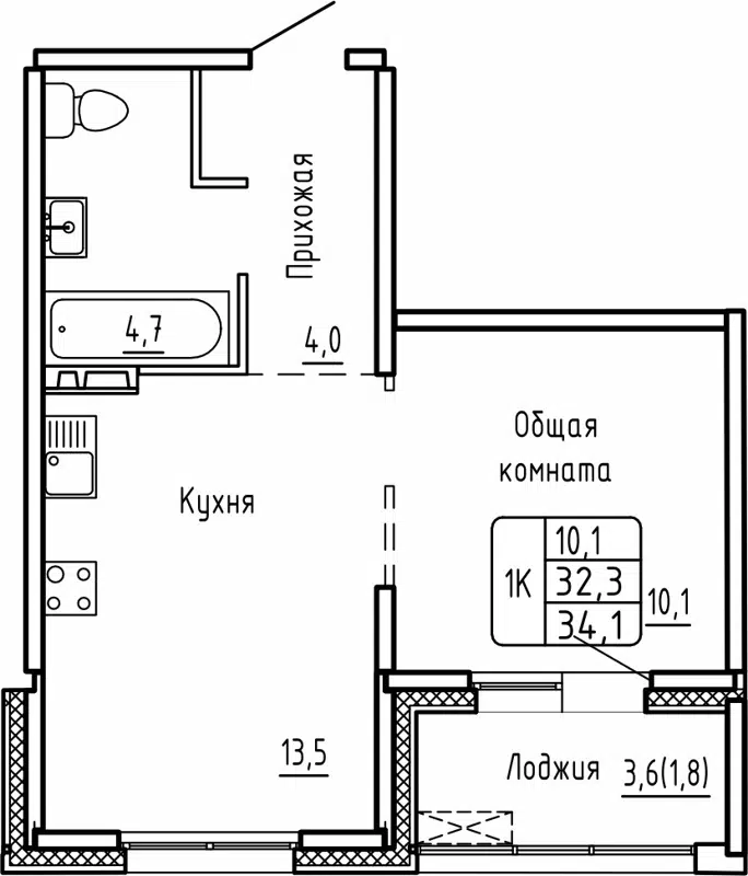 1-комнатная квартира 34.1 м² Самоцветы