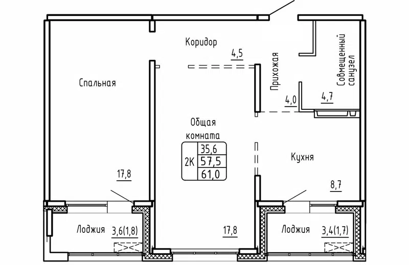 2-комнатная квартира 61 м² Самоцветы