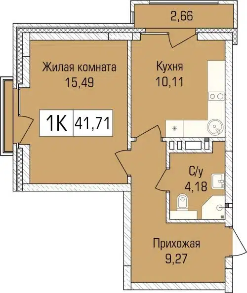 1-комнатная квартира 42.2 м² Цивилизация