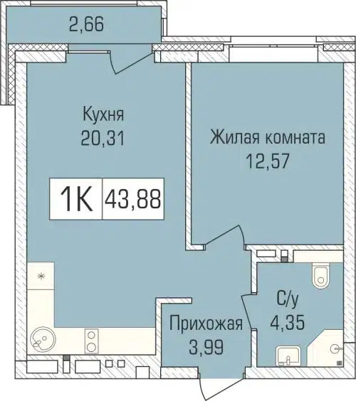 1-комнатная квартира 43.5 м² Цивилизация