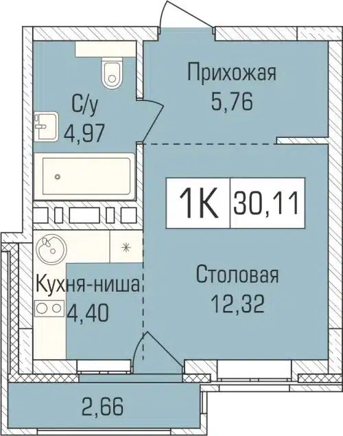 1-комнатная квартира 30.7 м² Цивилизация
