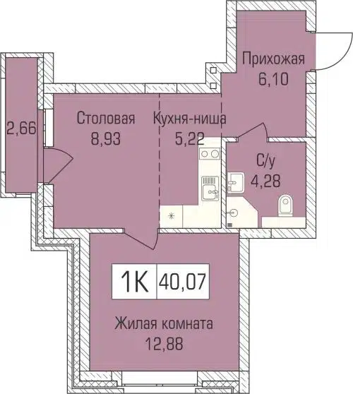 1-комнатная квартира 39.7 м² Цивилизация