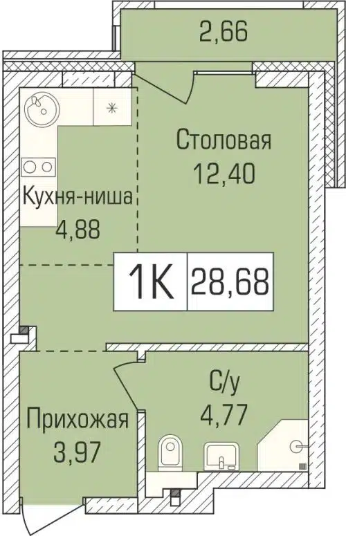 1-комнатная квартира 28.4 м² Цивилизация
