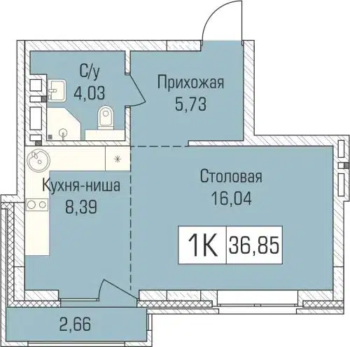 1-комнатная квартира 36.6 м² Цивилизация