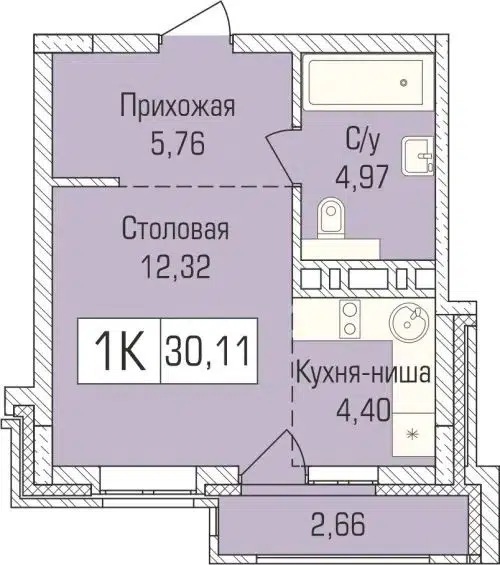 1-комнатная квартира 31 м² Цивилизация