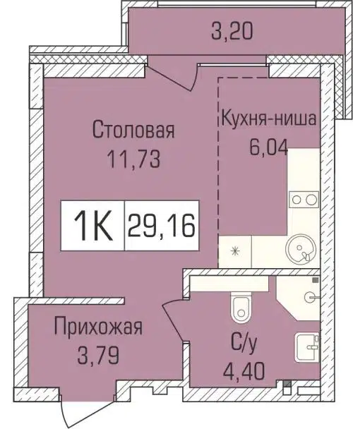 1-комнатная квартира 29 м² Цивилизация