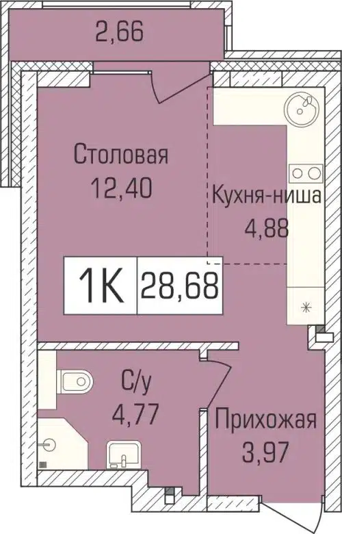 1-комнатная квартира 28.5 м² Цивилизация