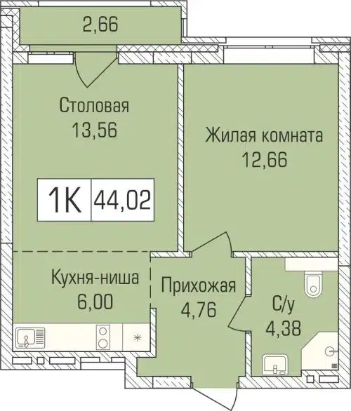 1-комнатная квартира 44 м² Цивилизация