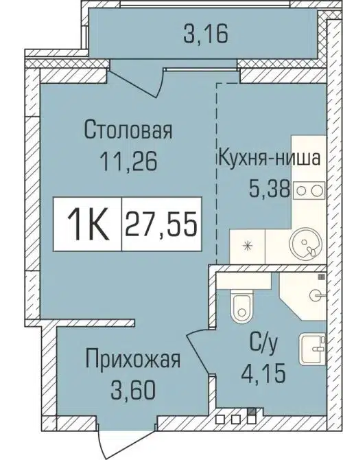 1-комнатная квартира 27.3 м² Цивилизация