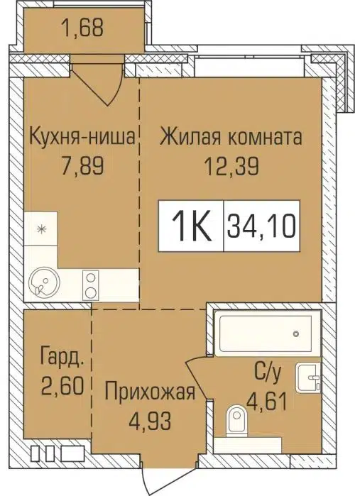 1-комнатная квартира 34.2 м² Цивилизация