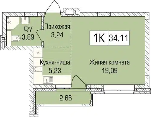 1-комнатная квартира 33.8 м² Цивилизация