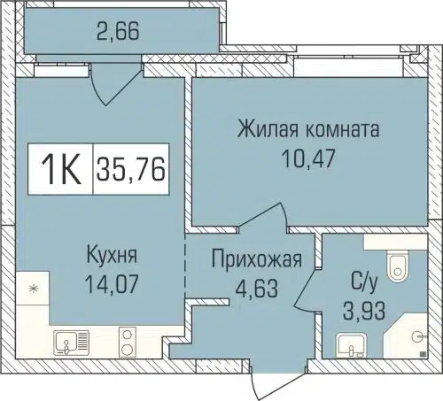 1-комнатная квартира 35.7 м² Цивилизация