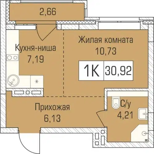 1-комнатная квартира 30.9 м² Цивилизация