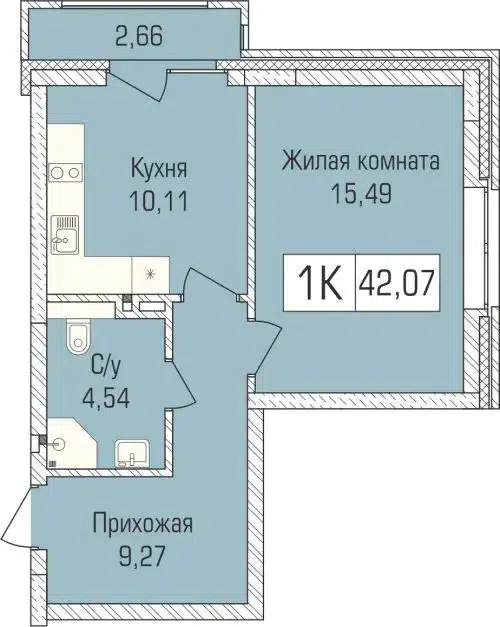 1-комнатная квартира 41.6 м² Цивилизация