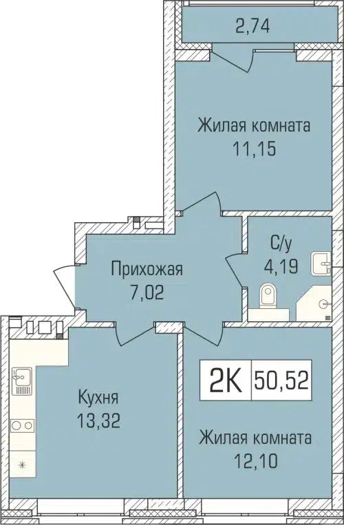 2-комнатная квартира 50.1 м² Цивилизация