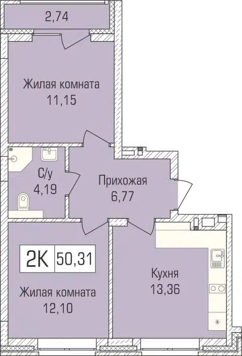 2-комнатная квартира 49.8 м² Цивилизация