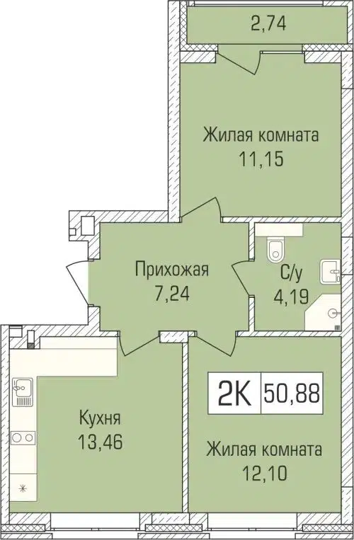 2-комнатная квартира 50.5 м² Цивилизация