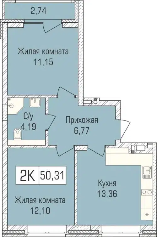 2-комнатная квартира 49.7 м² Цивилизация
