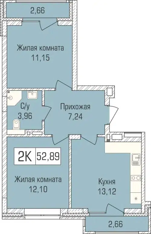 2-комнатная квартира 52.3 м² Цивилизация
