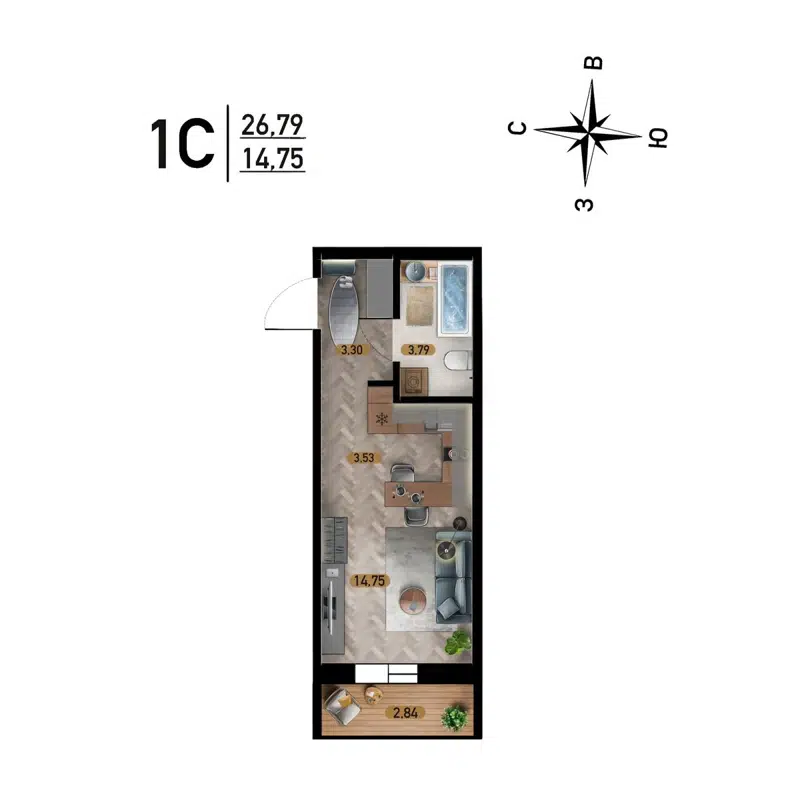 Студия 26.79 м² Радуга Сибири