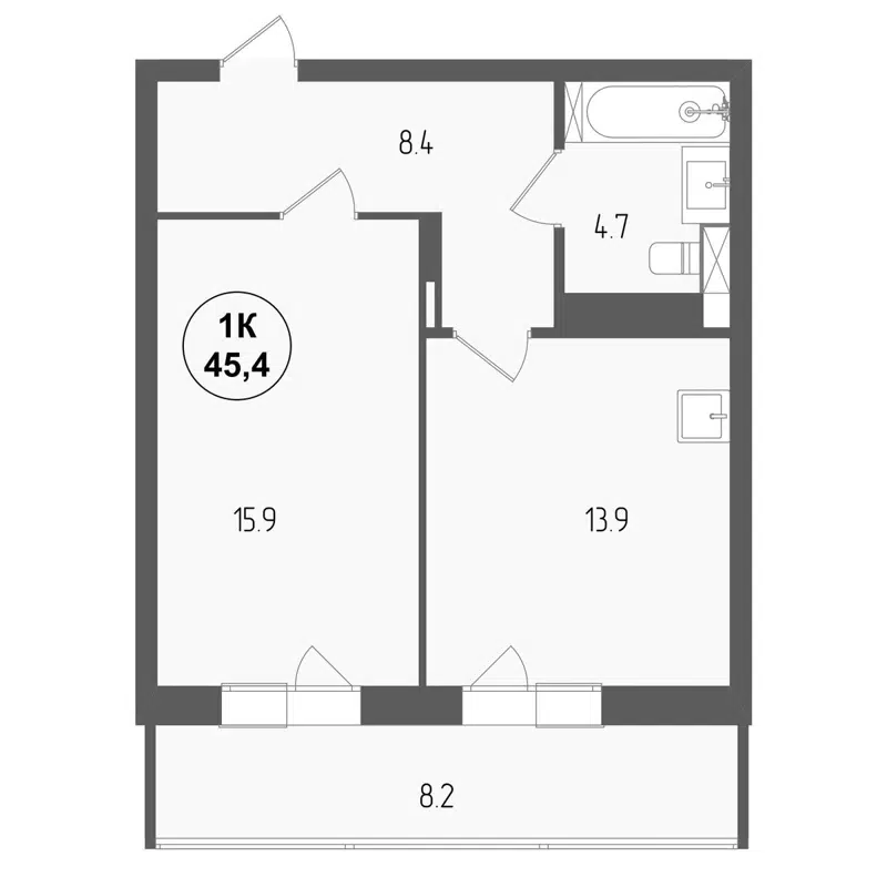 1-комнатная квартира 45.4 м² Тетрис