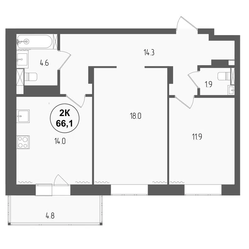 2-комнатная квартира 66.1 м² Тетрис