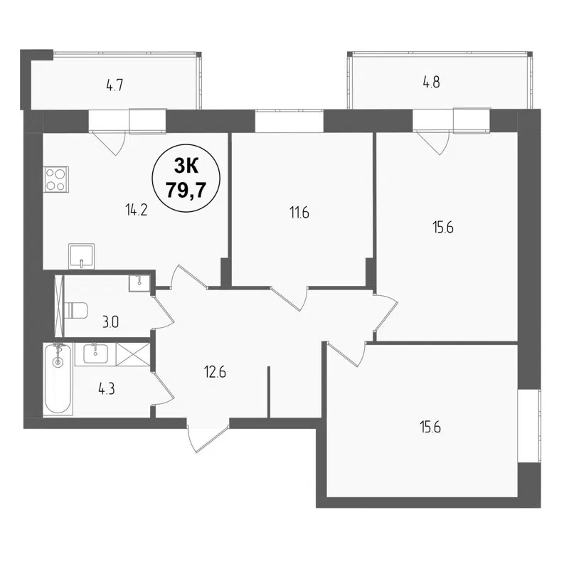 3-комнатная квартира 79.7 м² Тетрис