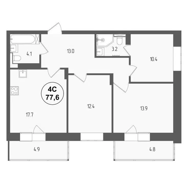 4-комнатная квартира 77.6 м² Тетрис