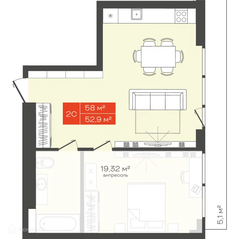 Студия 58 м² Freedom