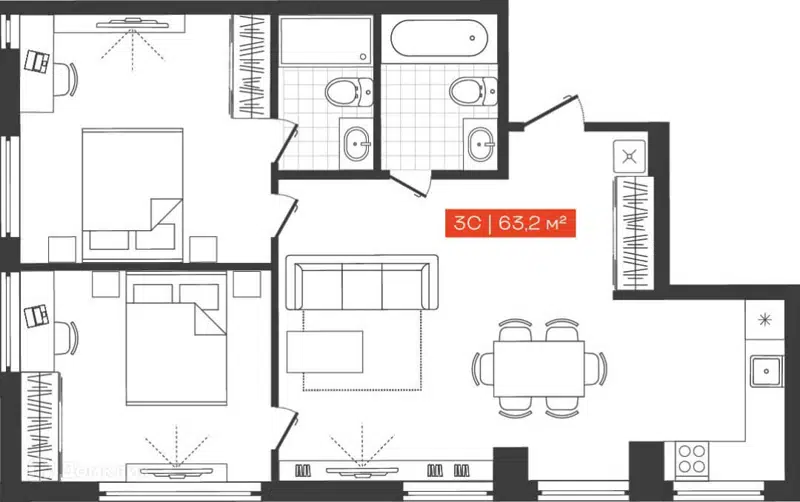 3-комнатные апартаменты 63.2 м² Freedom