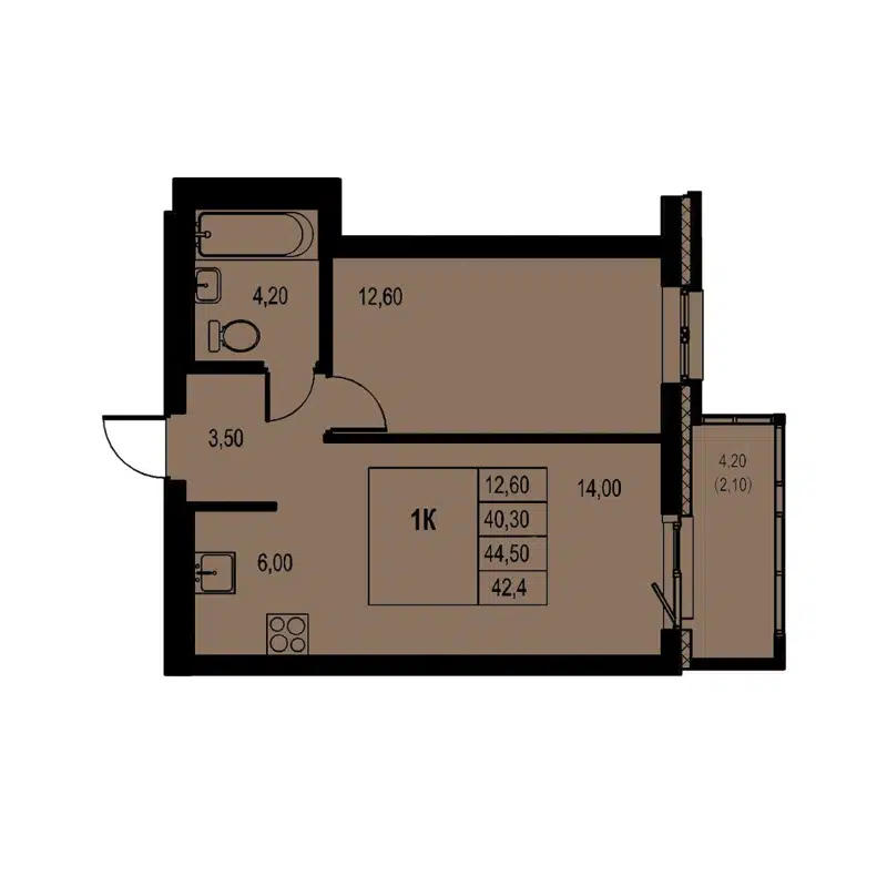 1-комнатная квартира 42.4 м² Автограф