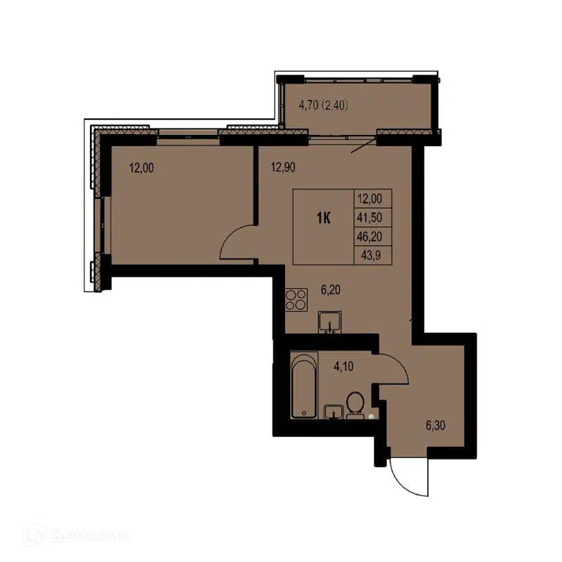1-комнатная квартира 43.9 м² Автограф