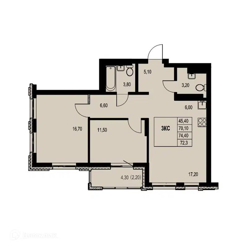 3-комнатная квартира 72.3 м² Автограф