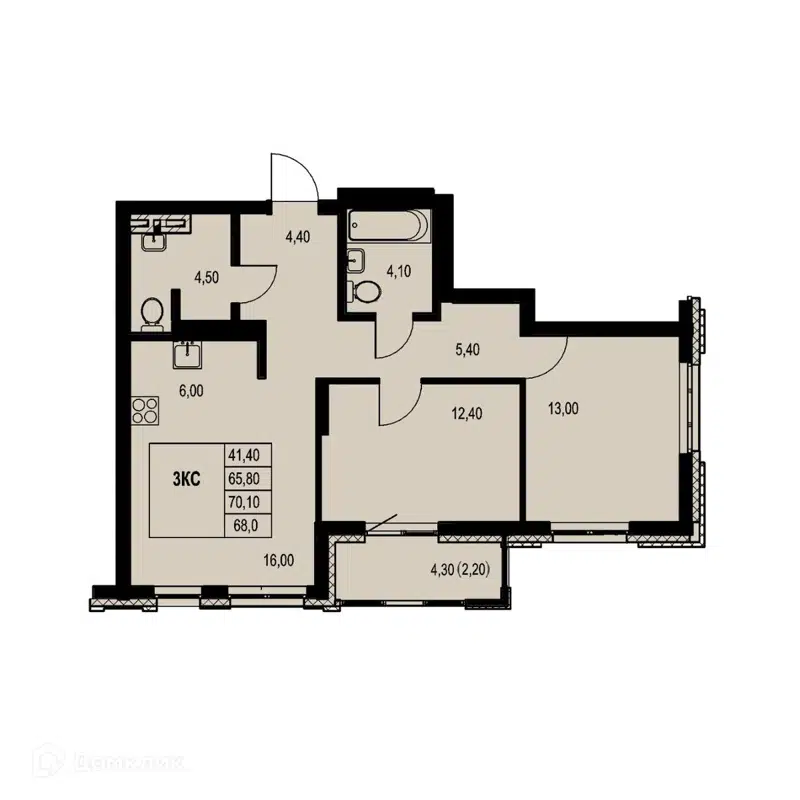 3-комнатная квартира 68 м² Автограф