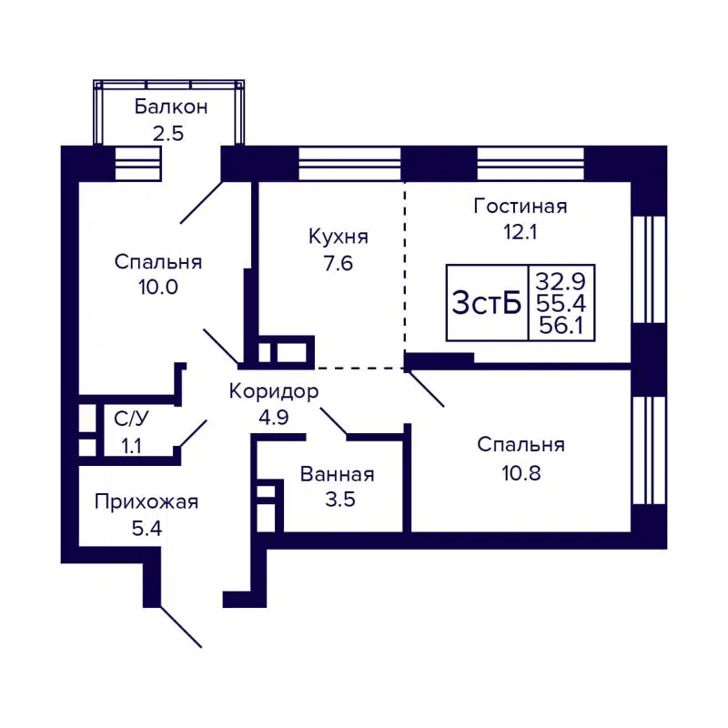 3-комнатная квартира 56.1 м² CITATUM