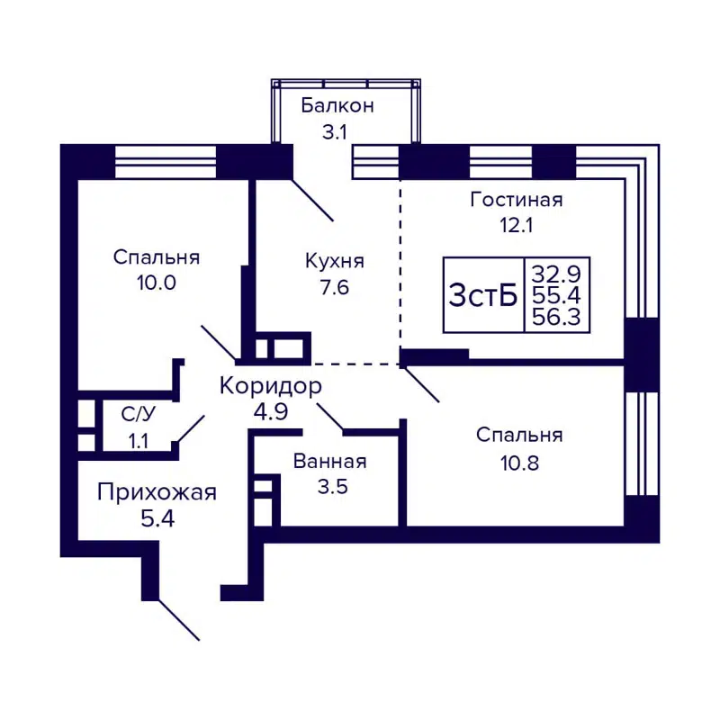 3-комнатная квартира 56.3 м² CITATUM