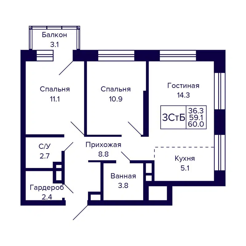 3-комнатная квартира 60 м² CITATUM