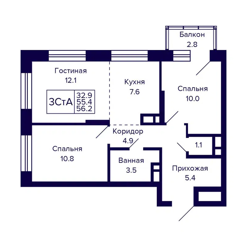 3-комнатная квартира 56.2 м² CITATUM