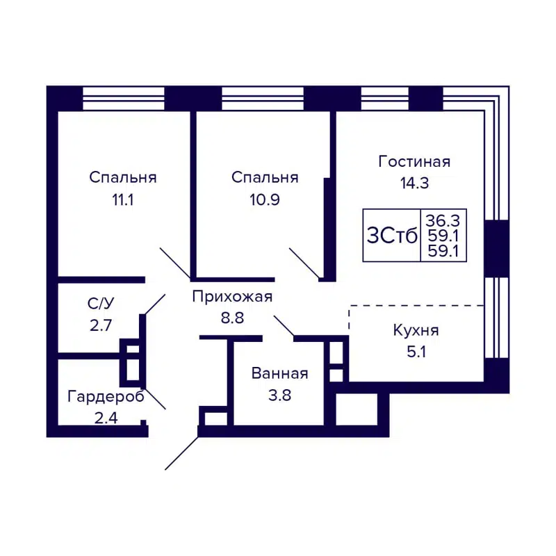 3-комнатная квартира 59.1 м² CITATUM