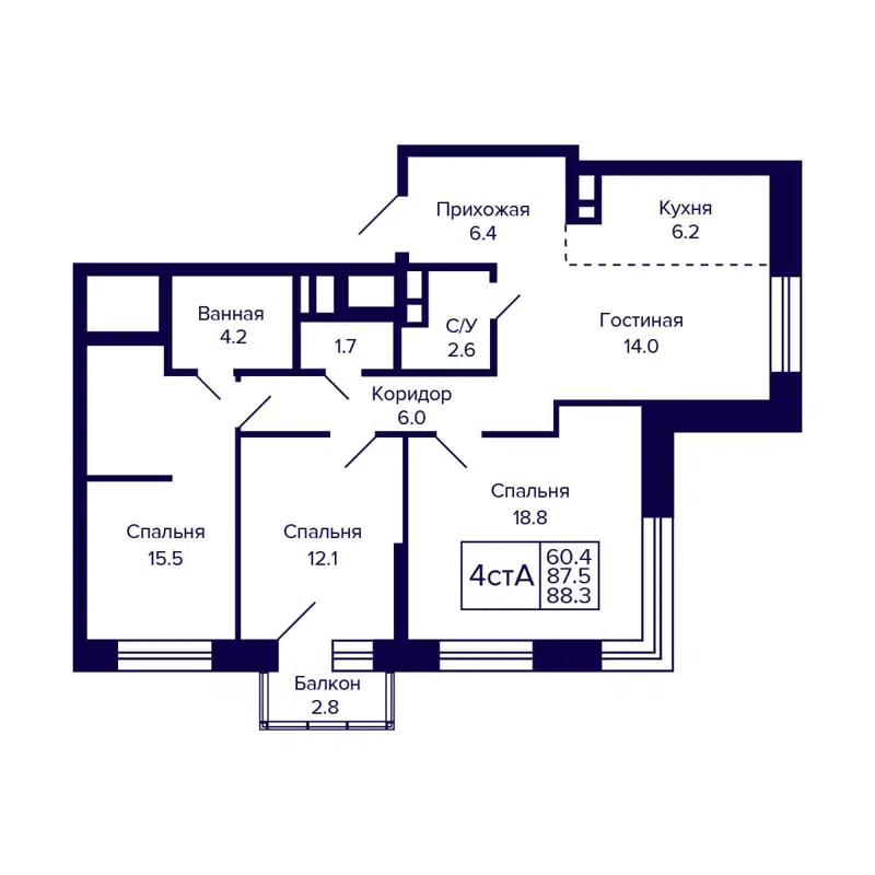 4-комнатная квартира 88.3 м² CITATUM