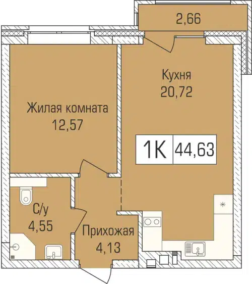 1-комнатная квартира 44.6 м² Цивилизация
