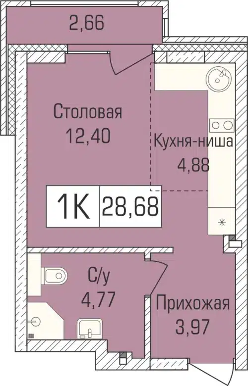 1-комнатная квартира 28.5 м² Цивилизация