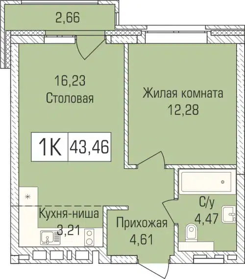 1-комнатная квартира 42.9 м² Цивилизация