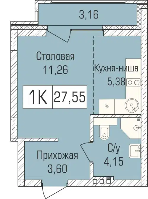 1-комнатная квартира 27.3 м² Цивилизация