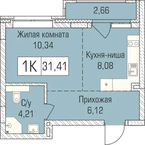 1-комнатная квартира 31.2 м² Цивилизация